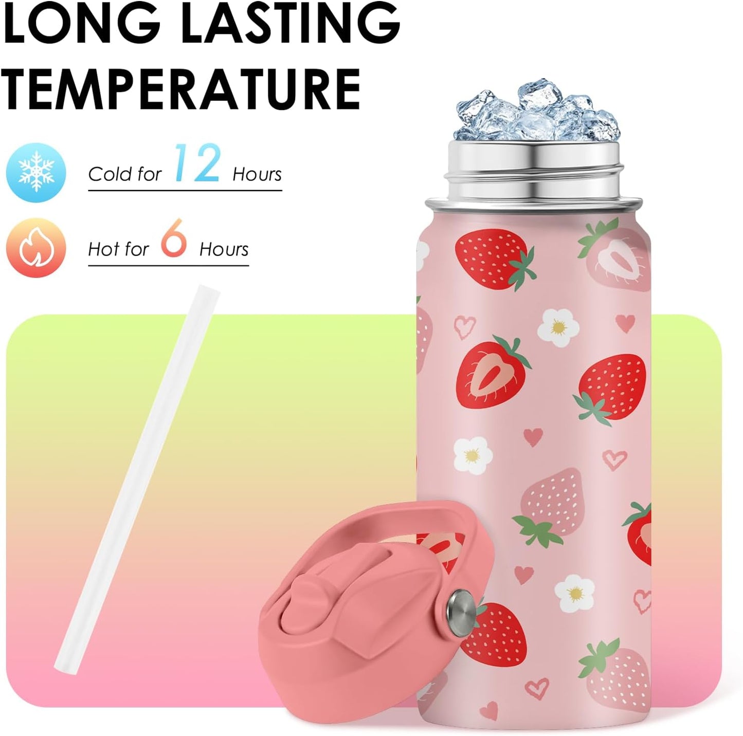 Strawberry Gifts for Kids - 16oz Pink Kids Water Bottle with Straw Lid, Stainless Steel Insulated Water Bottle, Leakproof, BPA-Free, for Girls, School, Strawberry Lover Children Birthday Gift Cup(1pc)