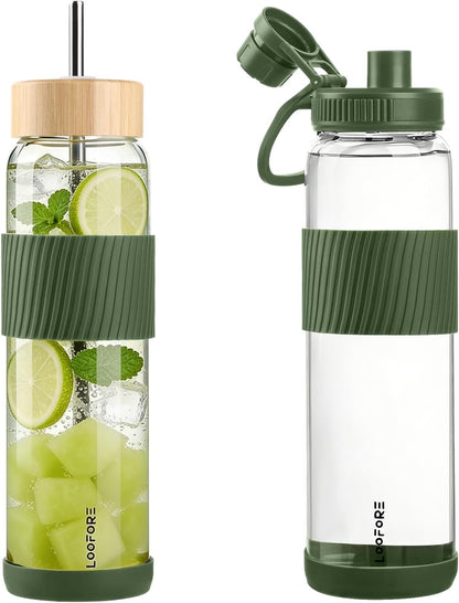 32 oz Glass Water Bottle with Straw and Handle, Large Sports Water Tumbler with 2 Lids, Leak-proof BPA Free Water Jug Canteen with Silicone Sleeve for Gym Sports Outdoor, 1 Pack