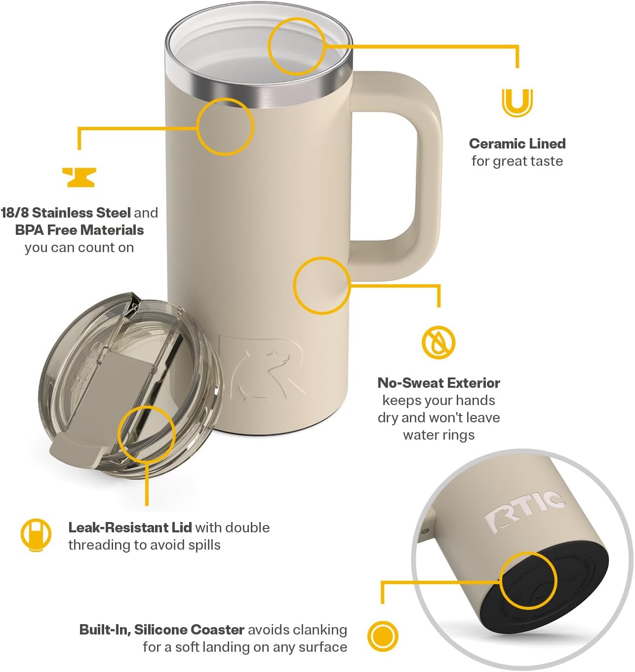 RTIC 20oz Road Trip Travel Mug with Lid and Handle, Ceramic Lined, Insulated, Stainless Steel, Metal, Double Wall Vacuum-Insulation, Portable Coffee, Tea Cup for Hot and Cold Drink, Black