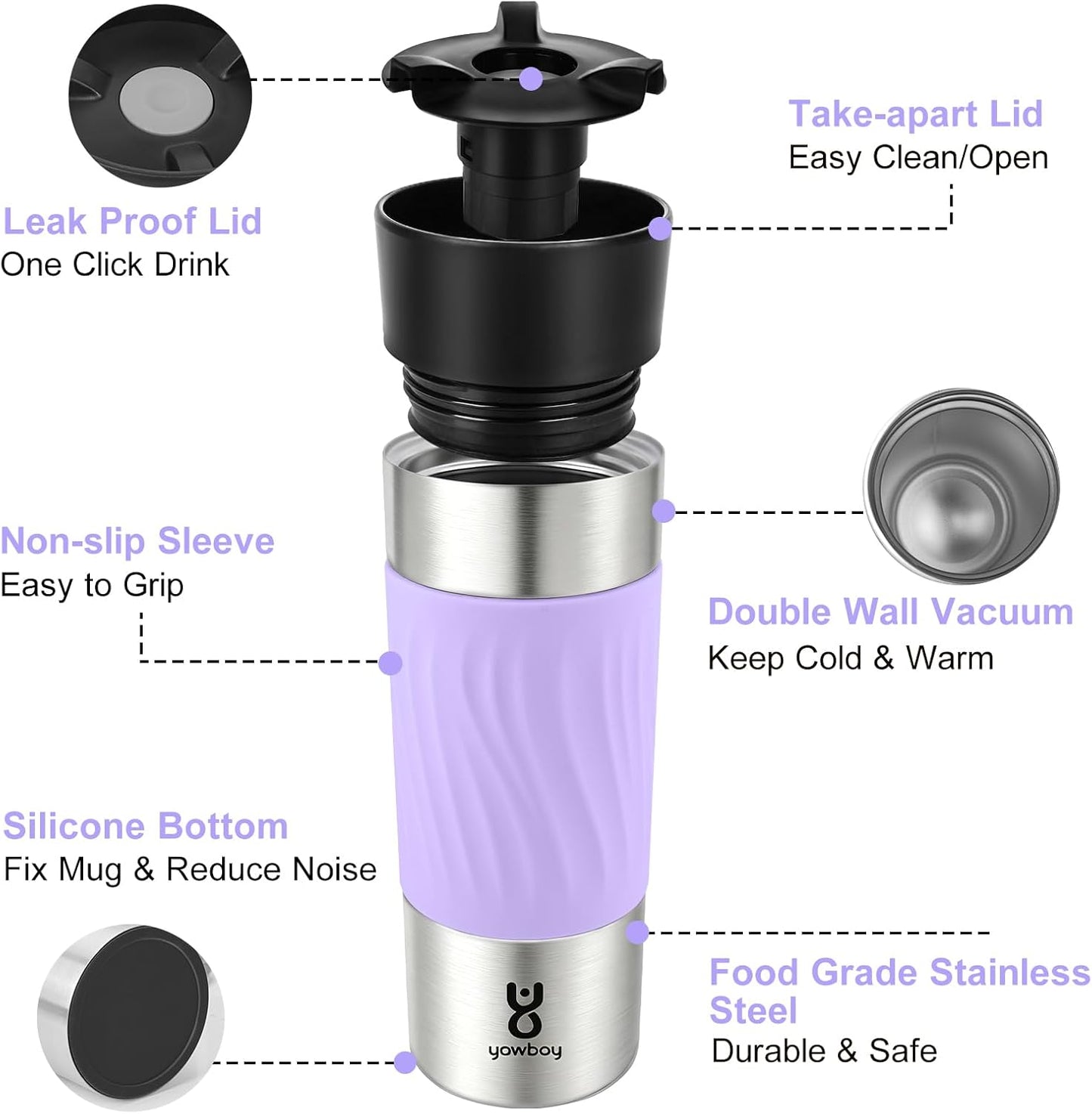 Travel Coffee Mug with 360°Lid, Travel Coffee Tumbler 16 oz Leak Proof, Stainless Steel Insulated Travel Mugs for Hot and Cold Spill Proof Leak Proof (Purple)