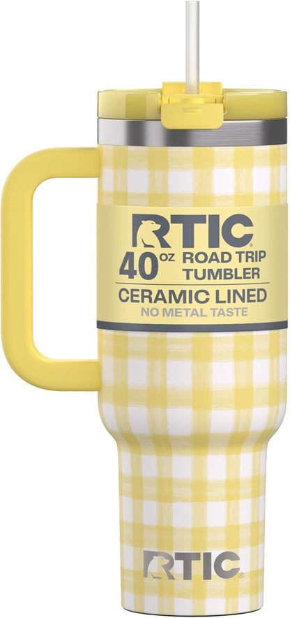 RTIC 30 oz Road Trip Tumbler Double-Walled Ceramic Lined InsulatedStainless Steel Portable Travel Coffee Mug Cup with Lid, Handle and Straw, Periwinkle Bouquet