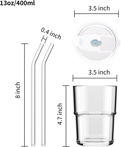 BLUEPOLAR 13oz/400ml Glass Water Tumbler with Straw and Lid Sealed Carry On Thick Wall Iced Coffee Cup Glass Cup for Water, Iced Tea Fruit Juice Etc (White-2Pack)