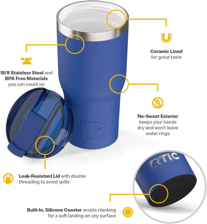 RTIC 20oz Essential Tumbler with Lid, Ceramic Lined, Insulated, Stainless Steel, Metal, Double Wall Vacuum-Insulation, Travel Cup for Iced Coffee, Tea, Hot and Cold Drink, Graphite