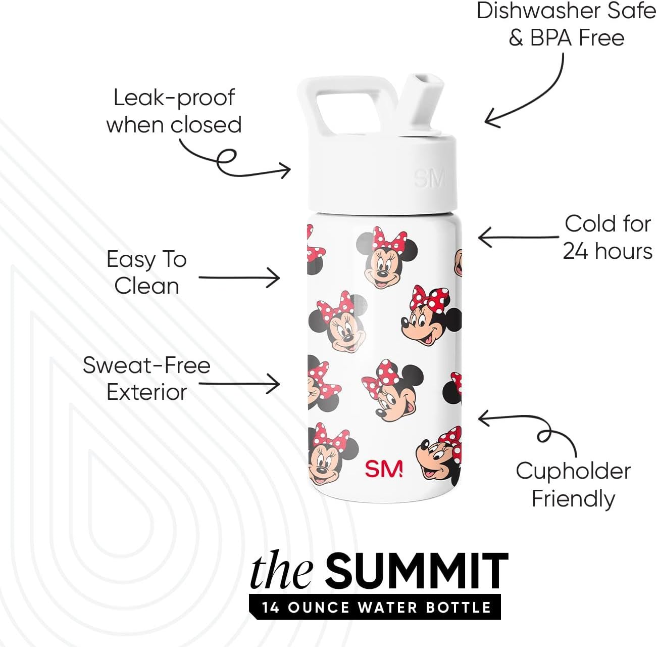 Simple Modern Disney Minnie Mouse Kids Water Bottle with Straw Lid | 14oz Insulated Stainless Steel Kids Tumbler & Spill Proof Toddler Cup for School, Girls, Boys | Summit | Minnie Mouse Fun - Colors A
