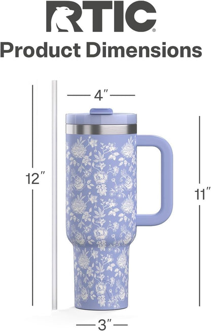 RTIC 30 oz Road Trip Tumbler Double-Walled Ceramic Lined InsulatedStainless Steel Portable Travel Coffee Mug Cup with Lid, Handle and Straw, Periwinkle Bouquet