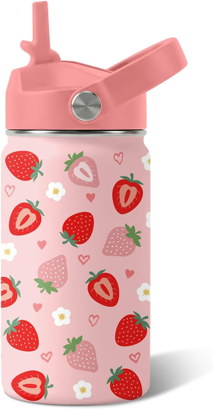 Strawberry Gifts for Kids - 16oz Pink Kids Water Bottle with Straw Lid, Stainless Steel Insulated Water Bottle, Leakproof, BPA-Free, for Girls, School, Strawberry Lover Children Birthday Gift Cup(1pc)