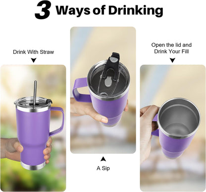 20 oz Tumbler with Handle, Stainless Steel Insulated Tumbler with Lid and Straw, Double Wall Vacuum Coffee Mug Tumbler, Insulated Coffee Thermal Cup for Cold and Hot (Light Purple)