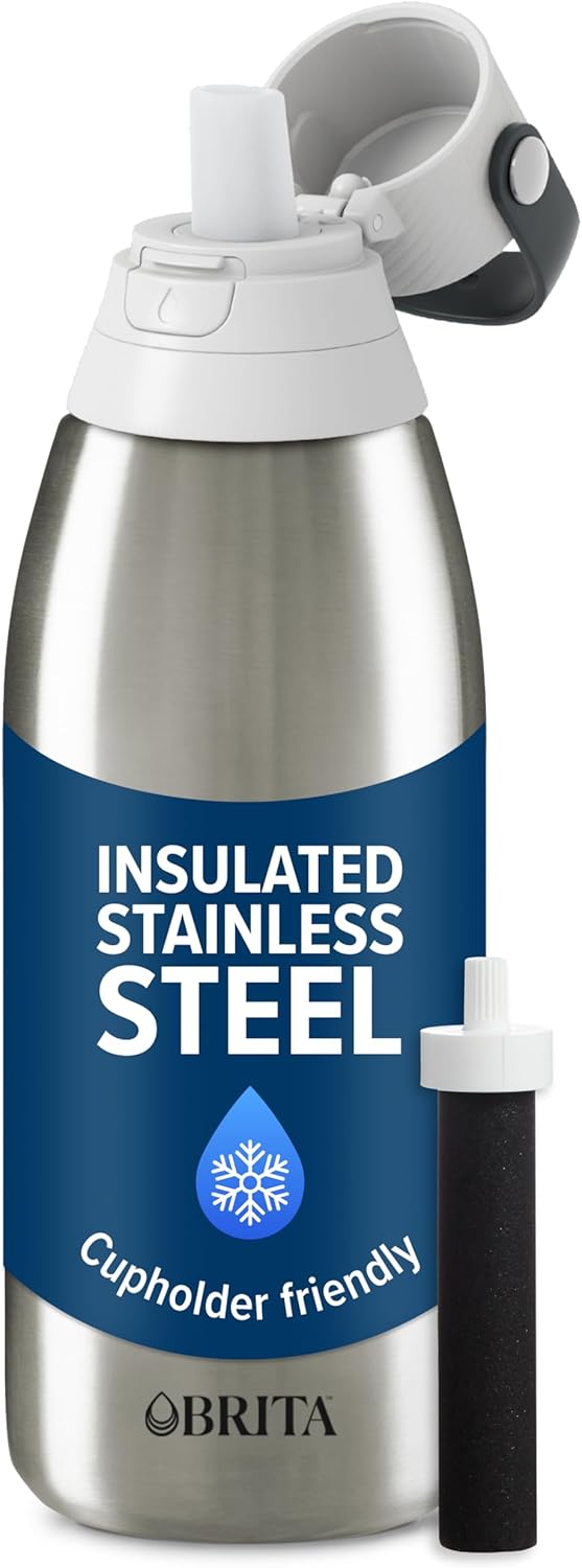 Brita Stainless Steel Premium Filtering Water Bottle, BPA-Free, Reusable, Insulated, Replaces 300 Plastic Water Bottles, Filter Lasts 2 Months or 40 Gallons, Includes 1 Filter, Glacier - 20 oz