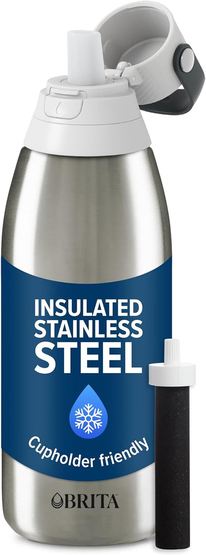 Brita Stainless Steel Premium Filtering Water Bottle, BPA-Free, Reusable, Insulated, Replaces 300 Plastic Water Bottles, Filter Lasts 2 Months or 40 Gallons, Includes 1 Filter, Glacier - 20 oz