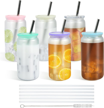 16oz Plastic Mason Jars, 6Pack Clear Mason Drinking Acrylic Cups with Lids and Stainless Steel Straws Iced Coffee Cups Shatterproof Unbreakable Tumblers for Smoothies, Beer, Coffee, Milk Tea, Colored