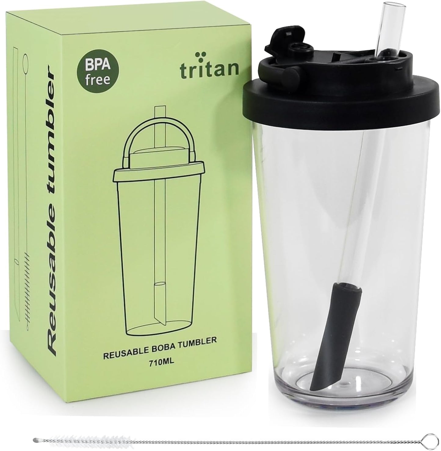 sweet grain Reusable Boba Cup - 24oz Tritan Boba tumbler with Lid and Straw, BPA Free Leakproof Bubble/Boba Tea Cup with Carry Handle for Ice Coffee Smoothies - Black