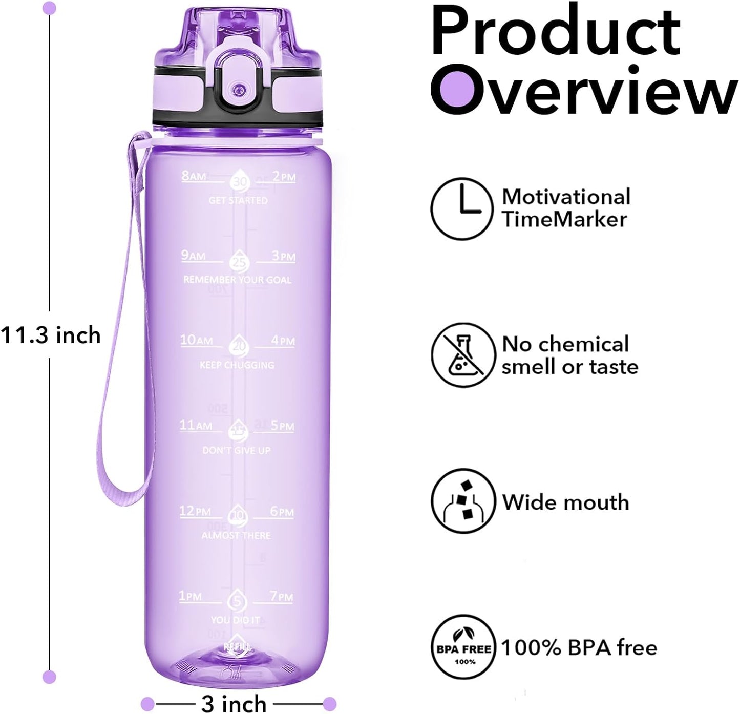 32oz Water Bottle with Time Marker, Motivational Drinking Bottle with Strap, BPA-Free Leak-Proof, Encouraging Water Bottle Time to Drink Water for Gym School Office Travel