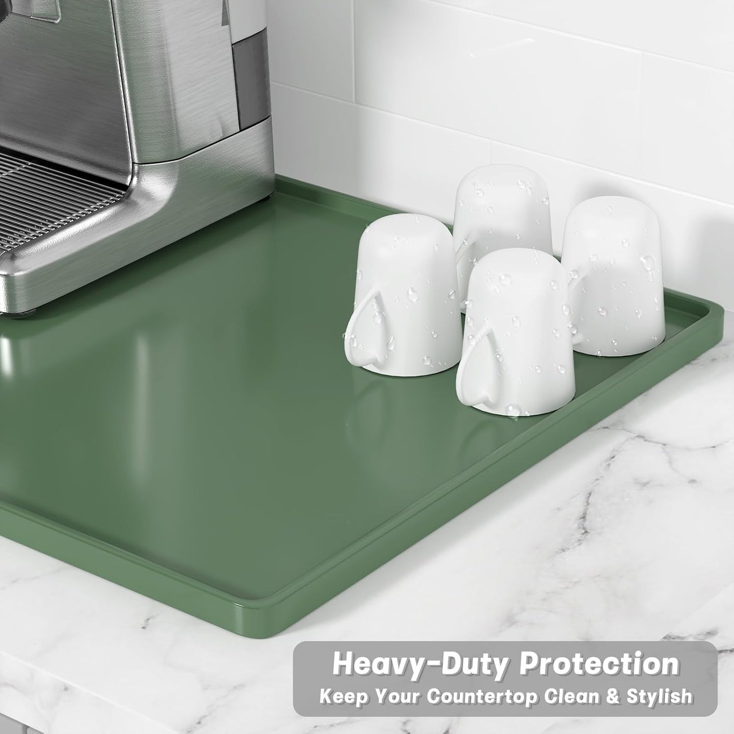 Rnivvi Silicone Coffee Mat, 16" x 24" Waterproof Raised Edge Coffee Bar Mats for Espresso Machine Station Accessories, Heat Resistant Detachable Dish Drying Pad for Kitchen Counter, Dish Rack, Green