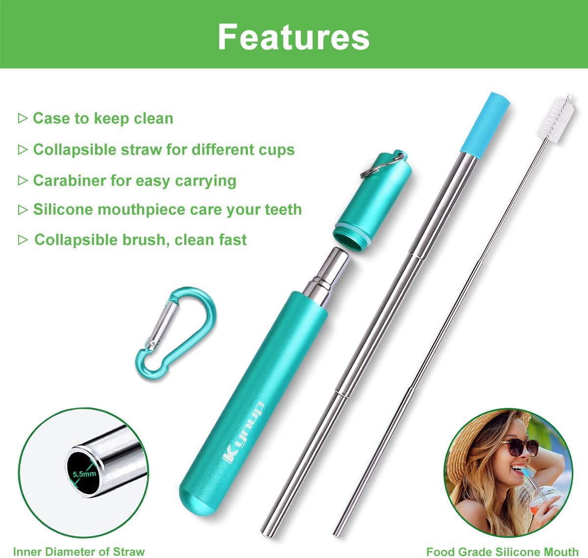 Kynup 4Packs Reusable Straws, Metal Straw with Silicon, Travel Drinking Straws with Case, Keychain, Cleaning Brushes, Silicon Pcs Perfect for Travel, Gifts (20 PCS) Blue-Black-Silver-Turquoise