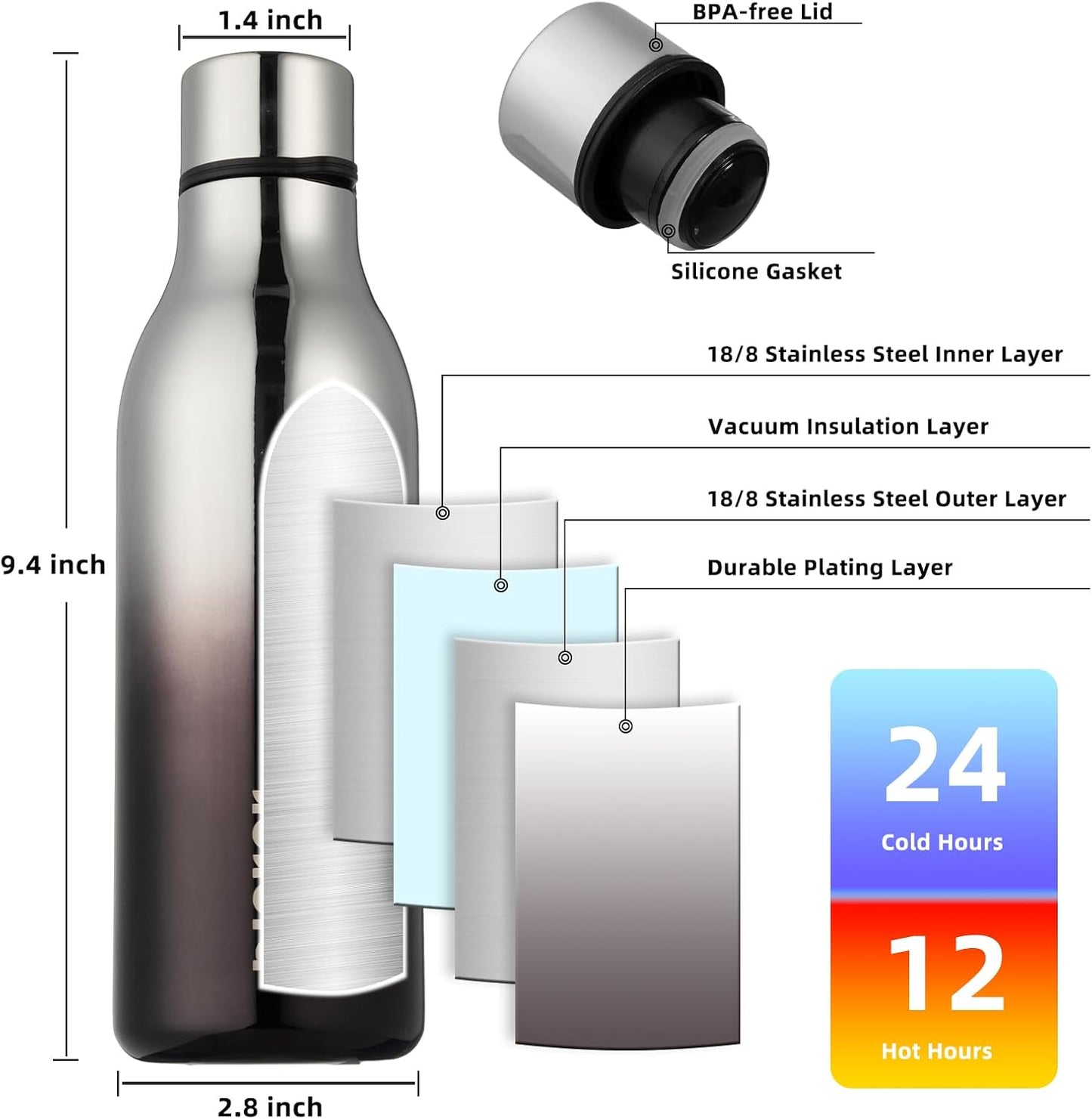 BJPKPK Insulated Water Bottles, 18 oz Stainless Steel Metal Water Bottle with Strap, BPA Free Leak Proof Jugs, Mugs, Flasks, Reusable Thermal Flasks for Sports & Travel, Black - Colors A