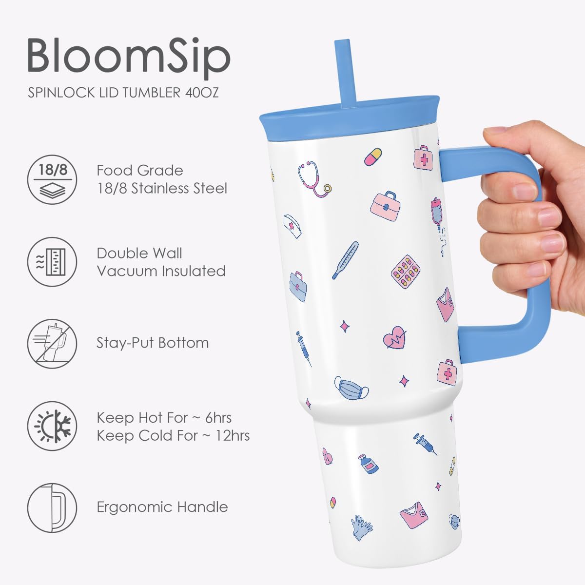 SANDJEST Pickleball Stainless Steel Locking Lid Silicone Straw Tumbler with Handle 40oz, Insulated Stainless Steel Travel Cup for Women Girls Friends Players, Gift Idea for Birthday Christmas