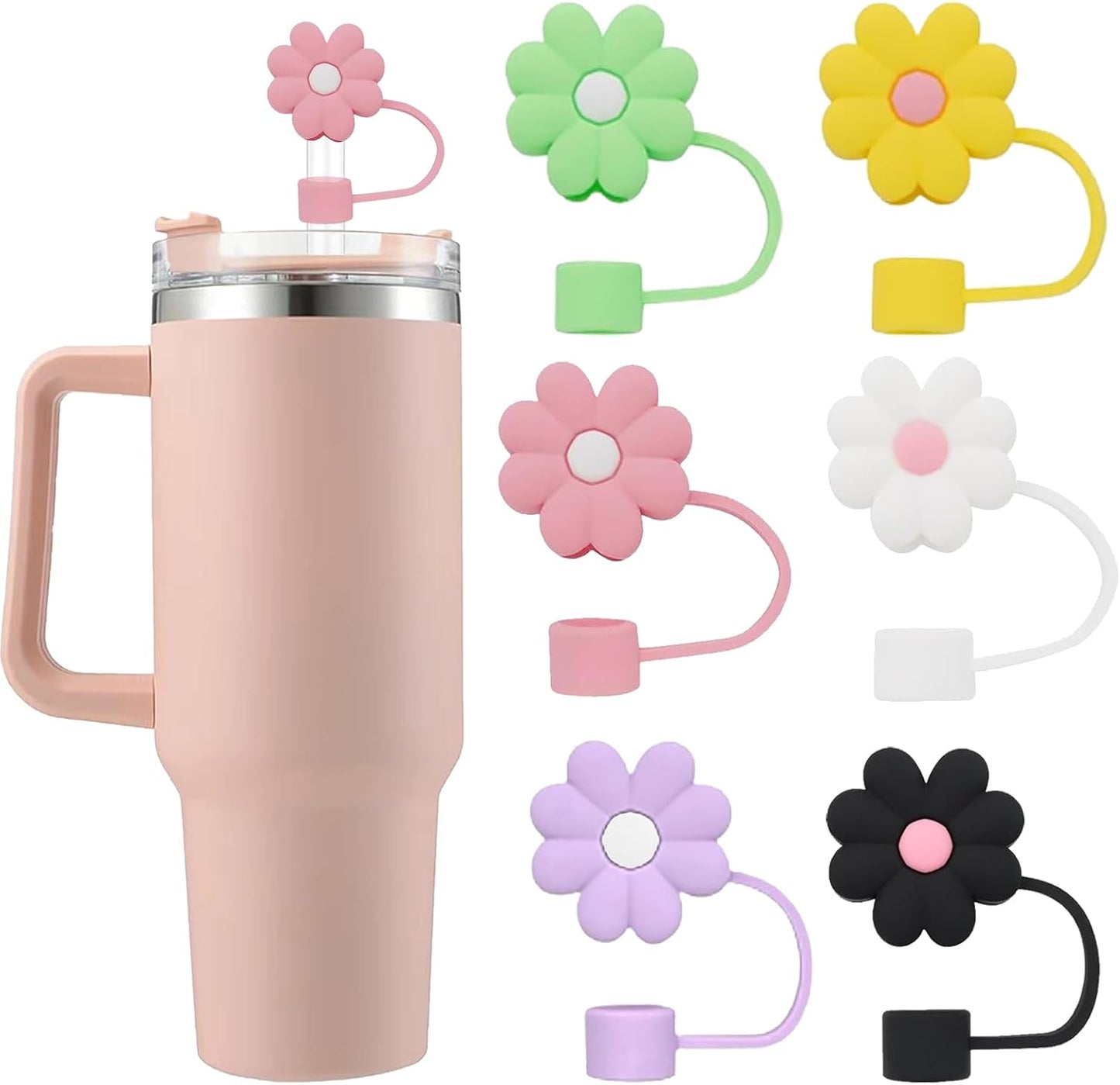 Flower Straw Covers Toppers for Stanley Cups 30&40 Oz Tumbler with Handle Accessories 4PCS Silicone Straw Caps Reusable Straws Tips Protectors for Stanley Cup 10mm 0.4in Straws,Off White