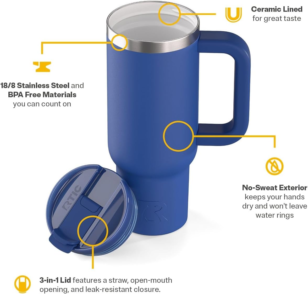 RTIC 30 oz Road Trip Tumbler Double-Walled Ceramic Lined InsulatedStainless Steel Portable Travel Coffee Mug Cup with Lid, Handle and Straw, Periwinkle Bouquet
