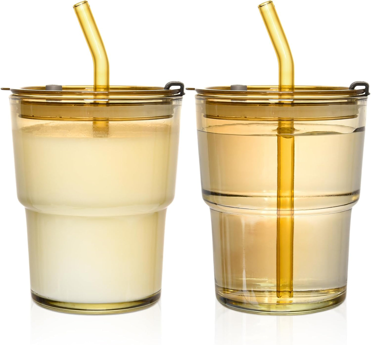 13oz Iced Coffee Cups,2Pcs Glass Cups with Lids and Straws Drinking Glasses,Clear Ribbed Glassware,Reusable Tumbler Glass to Go Cup for Matcha, Iced Tea,Juice