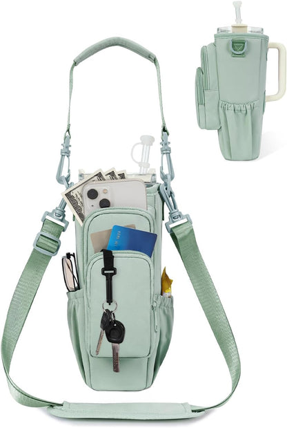 sportsnew Water Bottle Carrier Bag with Phone Pocket for 30oz 40oz Tumbler with Handle Accessories Insulated Water Bottle Holder Pouch with Strap Crossbody with Straw Cover