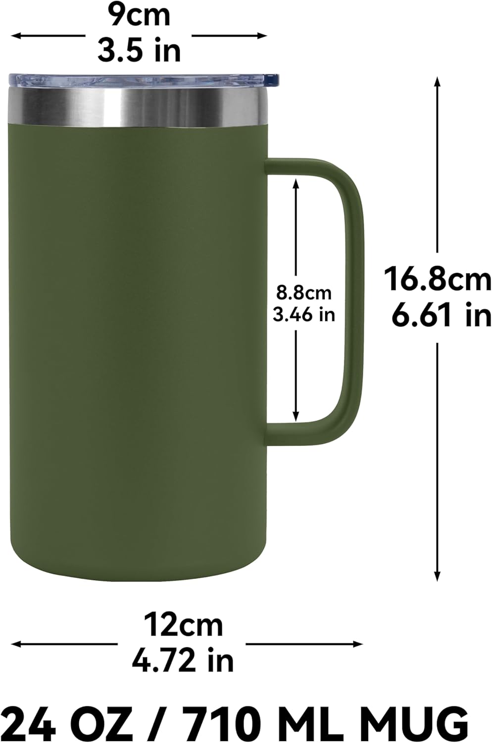 DOMICARE 24oz Mug with Handle and Lid, Stainless Steel Coffee Mug, Reusable Insulated Cup, Travel Mug with Handle, Double Wall Vacuum Coffee Tumbler for Men and Women, Black, Pack 1