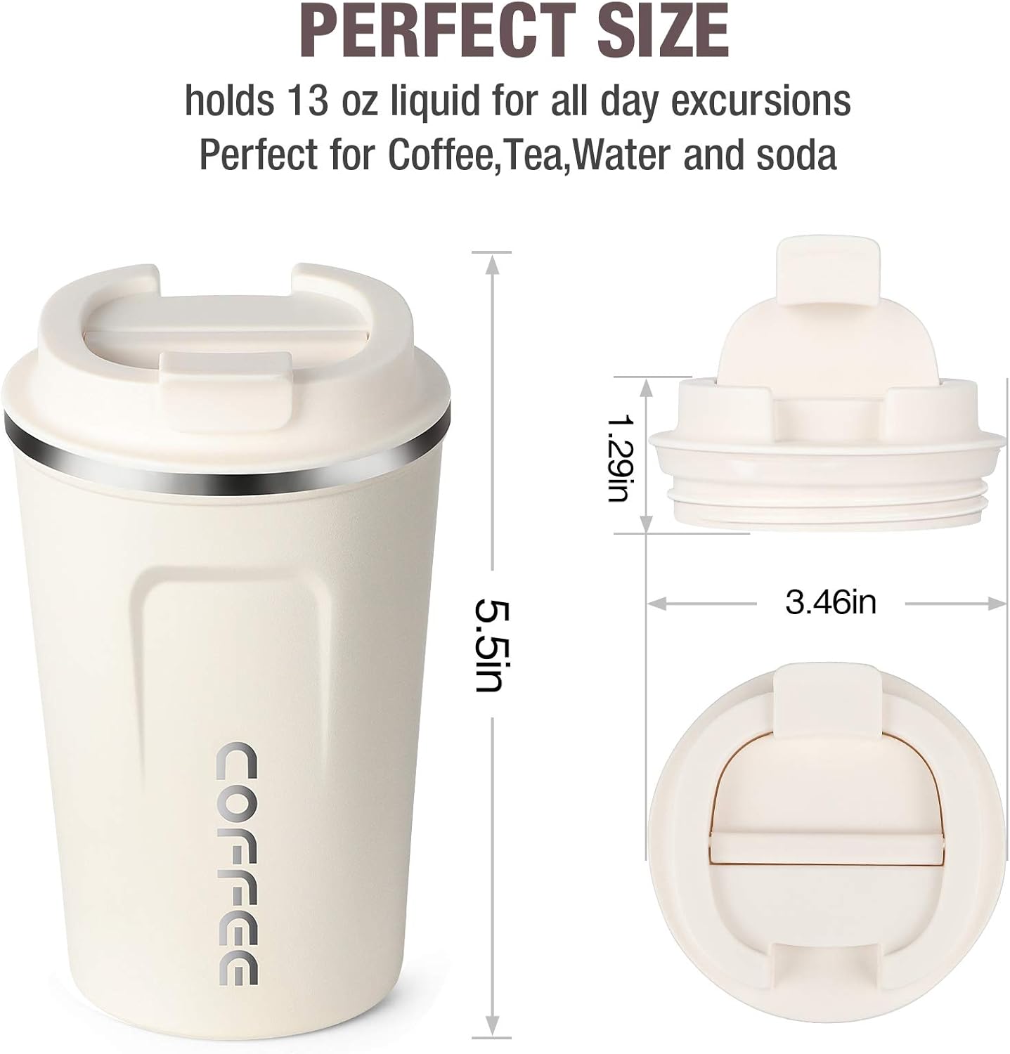 17oz (510ml) Vacuum Insulated Coffee Travel Mug, Leak proof Double Wall Stainless Steel Reusable Cup with Lid, Thermal Tumbler for Hot and Cold Drinks, Matte Texture White