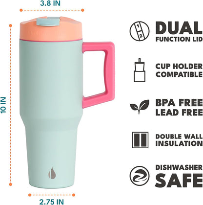 Elemental 32 oz 100% Leak Proof Tumbler with Handle & Straw - Stainless Steel Double Wall Insulated Tumbler for Hot and Cold Beverages - Travel Coffee Mug with Sip & Straw Lid - White - Colors A