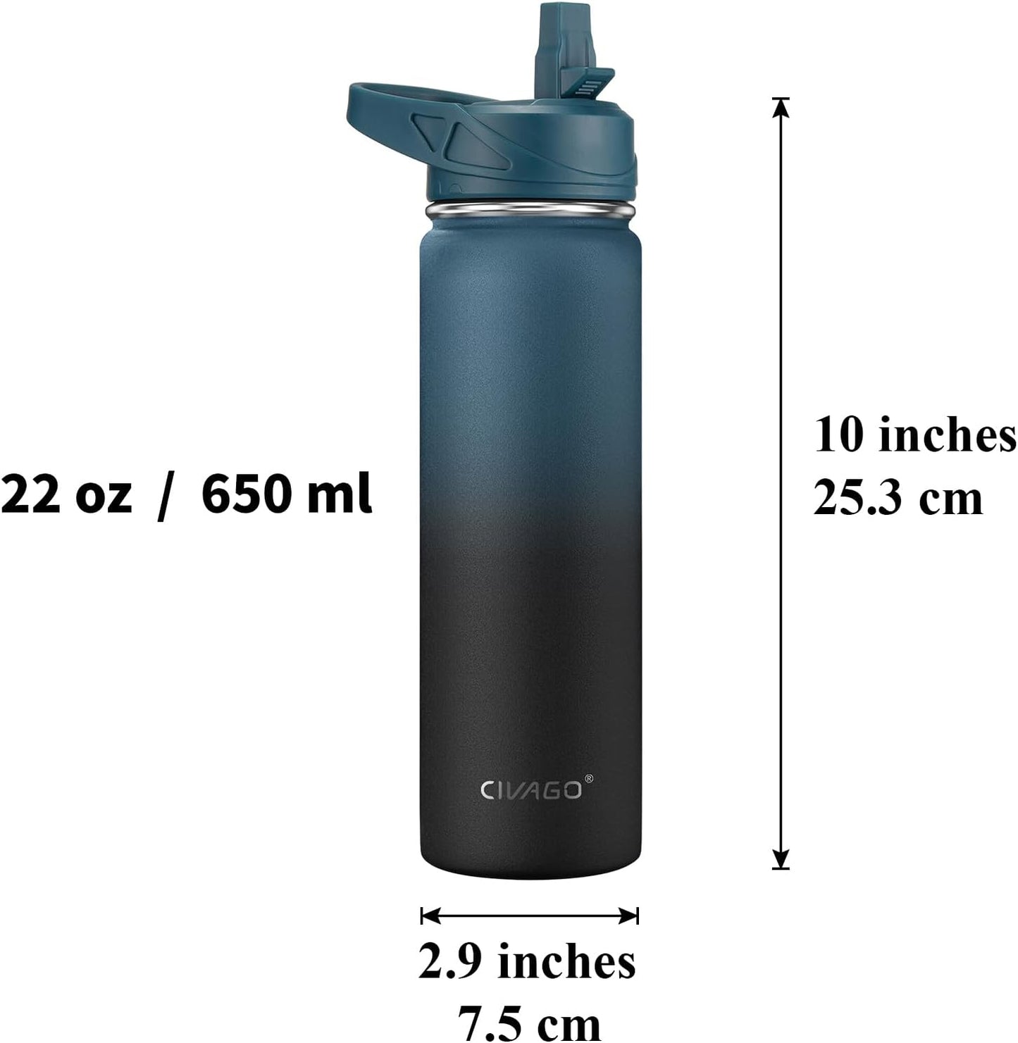 CIVAGO 32 oz Insulated Water Bottle With Straw, Stainless Steel Sports Water Cup Flask with 3 Lids (Straw, Spout and Handle Lid), Wide Mouth Travel Thermal Mug, Black