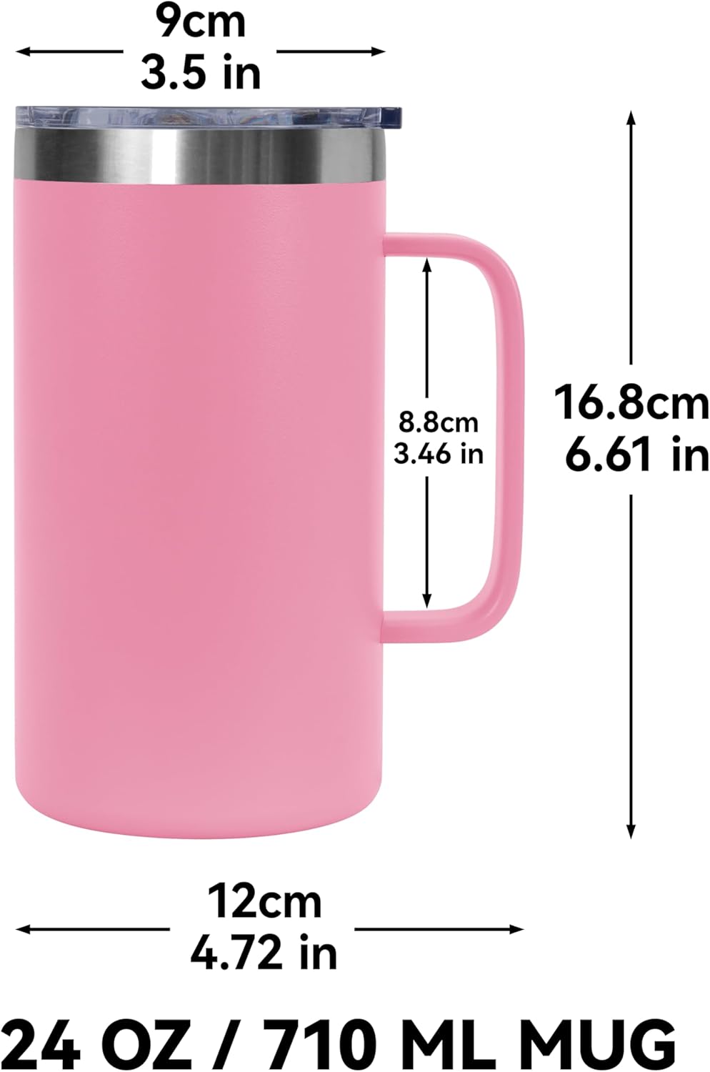 DOMICARE 24oz Mug with Handle and Lid, Stainless Steel Coffee Mug, Reusable Insulated Cup, Travel Mug with Handle, Double Wall Vacuum Coffee Tumbler for Men and Women, Black, Pack 1