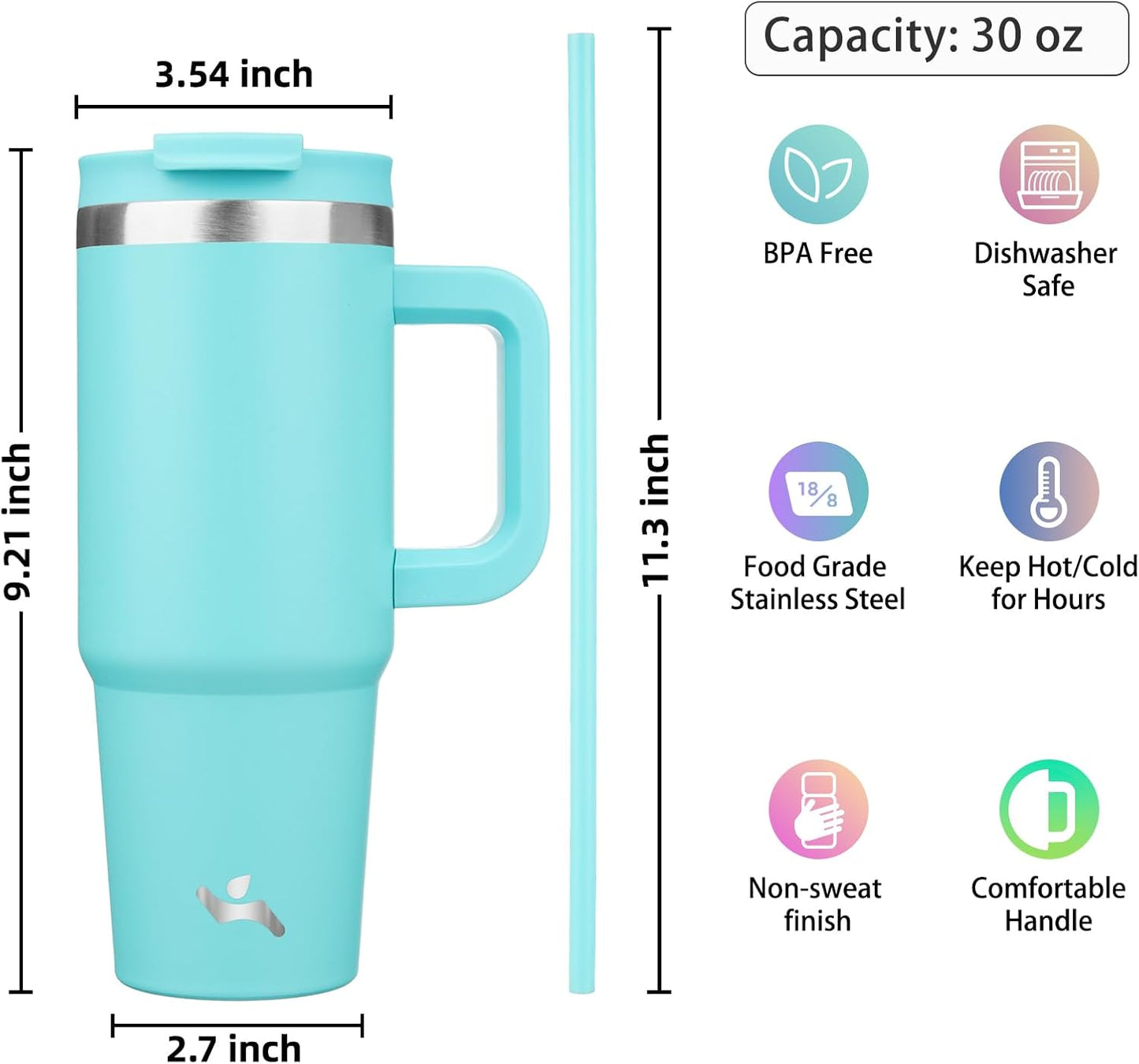 Konokyo 30 oz Tumbler with Handle and 2 Straws,2 in 1 Lid Insulated Water Bottle Stainless Steel Travel Coffee Mug,Sky