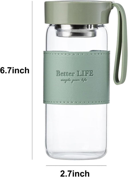 Glass Tea Bottle 16 oz Drinking Bottle with Non-Slip Holster, and Stainless Tea Infuser,Leak Proof Lid,Portable Glass Water Bottle for School, Office, Car & Home,as a gift, etc (Pink)