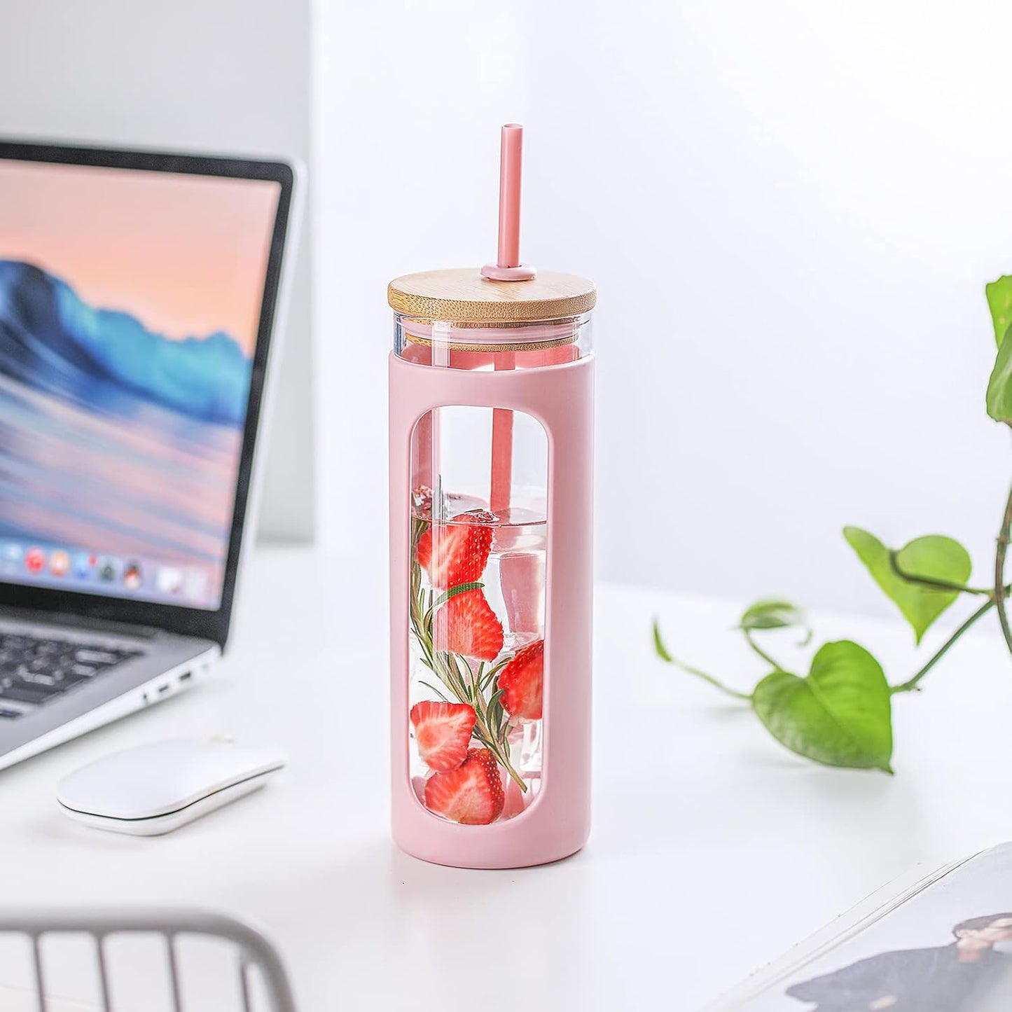 Kodrine 20oz Glass Water Tumbler with Straw and Lid, Bamboo Lids Water Bottle, Iced Coffee Cup Reusable, Wide Mouth Smoothie Cups with Protective Silicone Sleeve BPA FREE-Black - Colors A