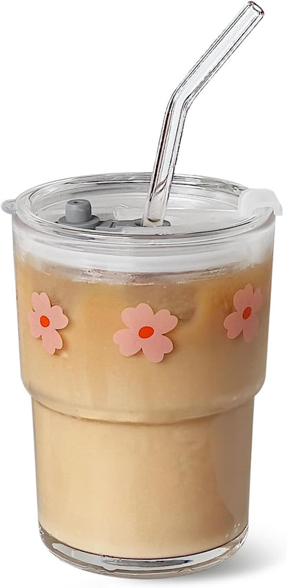 Olvini 13oz Glass Tumbler with Straw and Lid, Reusable Iced Coffee Cup Tumbler, Cute Glass Cups for Water, Matcha, Travel Coffee Mugs (Daisy)