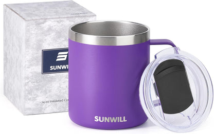 SUNWILL Travel Coffee Mug with Lid, Insulated Tumbler with Handle, 14 oz Stainless Steel Cup for Ice, Water, Tea, Rose Gold