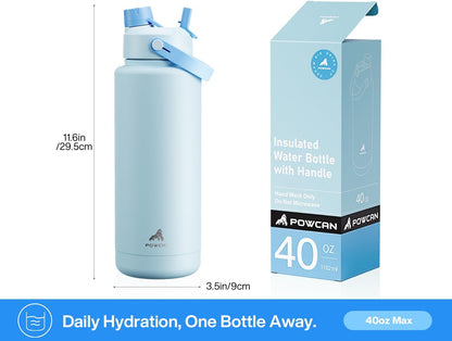 POWCAN 26 oz Insulated Water Bottle with 2-in-1 Straw and Spout Lid, Keep Cold 24H, Leak-Proof, Fits in Car Cup Holder, Stainless Steel Water Bottle for Sports, Travel, and School (Mint)