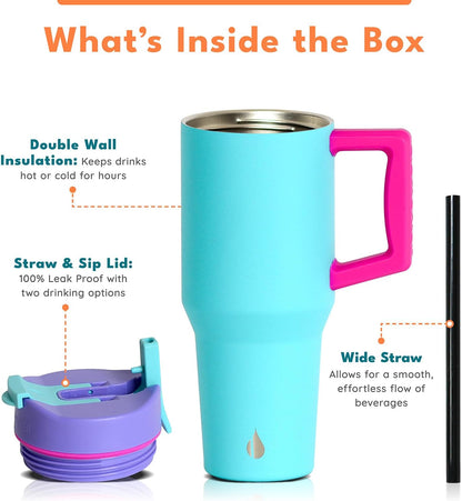 Elemental 32 oz 100% Leak Proof Tumbler with Handle & Straw - Stainless Steel Double Wall Insulated Tumbler for Hot and Cold Beverages - Travel Coffee Mug with Sip & Straw Lid - White - Colors B