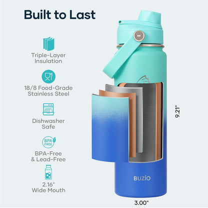 BUZIO 40oz Insulated Water Bottle, Triple Wall Vacuum Stainless Steel Water Flask with 2 lids, Lead-Free BPA-Free Straw Lid Sports Canteen Jug, Cold 48H & Hot 24H- Black - Colors B
