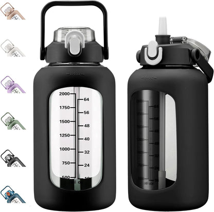64oz Glass Water Bottles with Straw, Half Gallon Motivational Glass Bottle with Silicone Sleeve and Time Marker, 2L Leakproof Large Glass Water Jug for Gym Home Office,olive