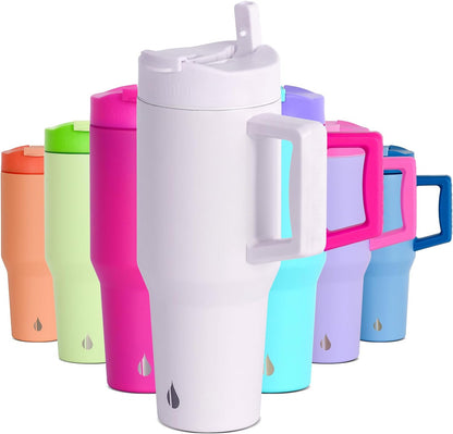 Elemental 32 oz 100% Leak Proof Tumbler with Handle & Straw - Stainless Steel Double Wall Insulated Tumbler for Hot and Cold Beverages - Travel Coffee Mug with Sip & Straw Lid - White - Colors A