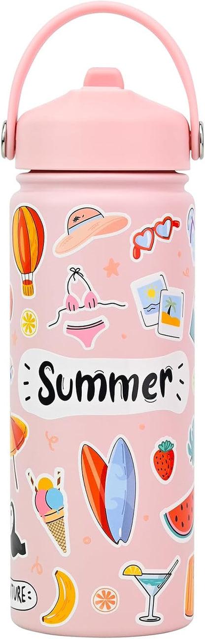 KEWIXY Kids Water Bottle for School, Easy Slide Lid, Leak Proof, Keep Cold 24H, Vacuum Insulated Tumbler, Metal Stainless Steel with Straw and Handle, for Boys&Girls (18OZ, Candy Pink)