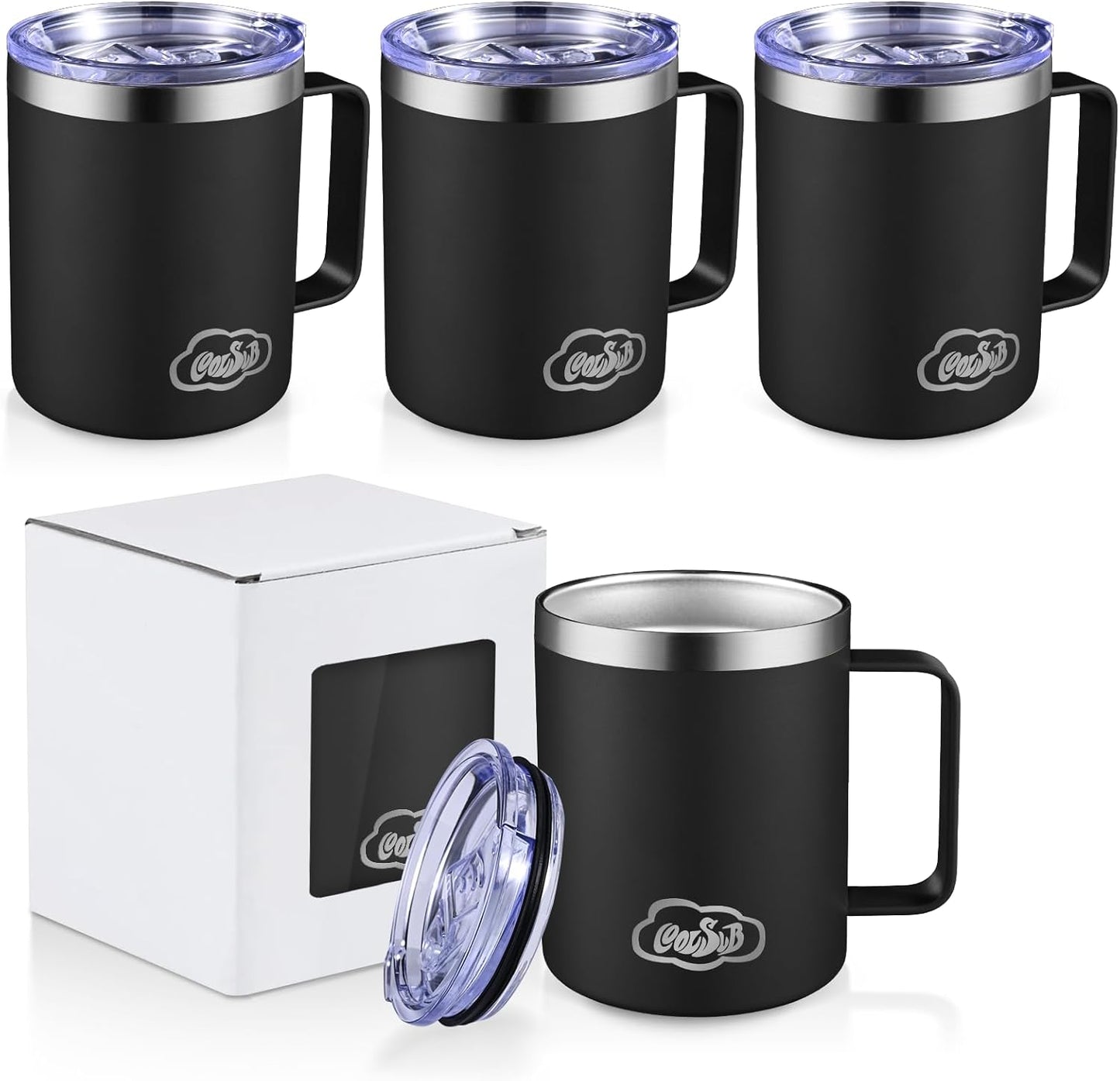 12oz Insulated Coffee Mug with Handle, Stainless Steel Wide Mouth Travel Tumblers with Lid, Double Wall Vacuum Coffee Cup for Camping, Office, Army Green 4 Pack