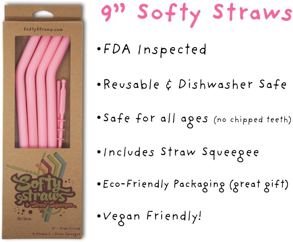 Softy Straws Premium Reusable Stainless Steel Drinking Straws With Silicone Tips + Patented Straw Cleaners and Carrying Case - 9” Long Metal With Curved Bend for 20/30/32oz Tumblers