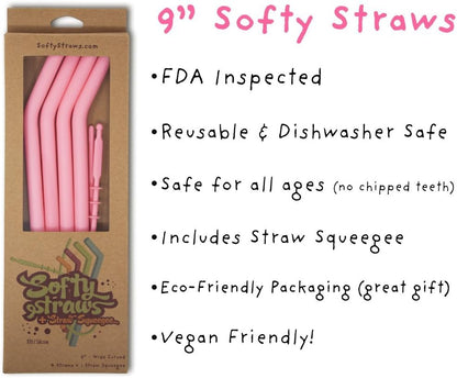 Softy Straws Premium Reusable Stainless Steel Drinking Straws With Silicone Tips + Patented Straw Cleaners and Carrying Case - 9” Long Metal With Curved Bend for 20/30/32oz Tumblers