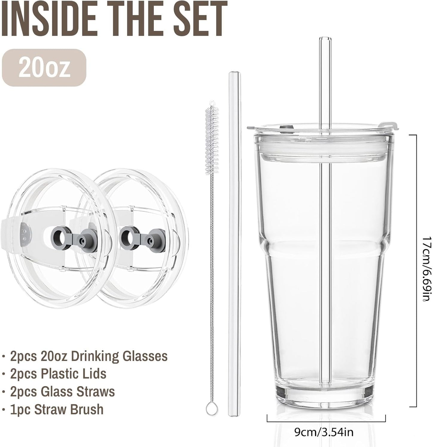SoulTimes 20oz Glass Cups with Lids and Straws, Ribbed Glass Tumbler for Iced Coffee, Smoothie, Juice & Cold Drinks, Reusable Thick Glassware Set, Elegant Home & Travel Drinkware【2 Pack】