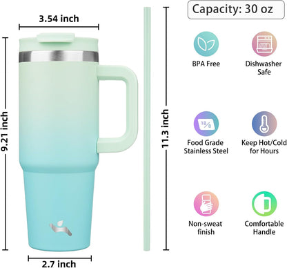 Konokyo 30 oz Tumbler with Handle and 2 Straws,2 in 1 Lid Insulated Water Bottle Stainless Steel Travel Coffee Mug,Sky