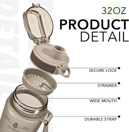 32oz Water Bottle with Time Marker, Motivational Drinking Bottle with Strap, BPA-Free Leak-Proof, Encouraging Water Bottle Time to Drink Water for Gym School Office Travel