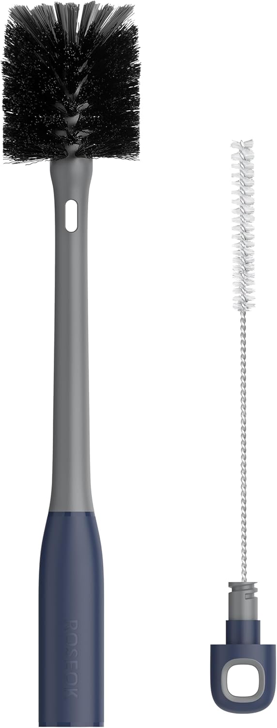 ROSEOK 2 in 1 Long Handle Bottle Brush with Straw Brush for Cleaning Glass, Sports Bottle, Coffee Mug,Navy Blue,1 Pack