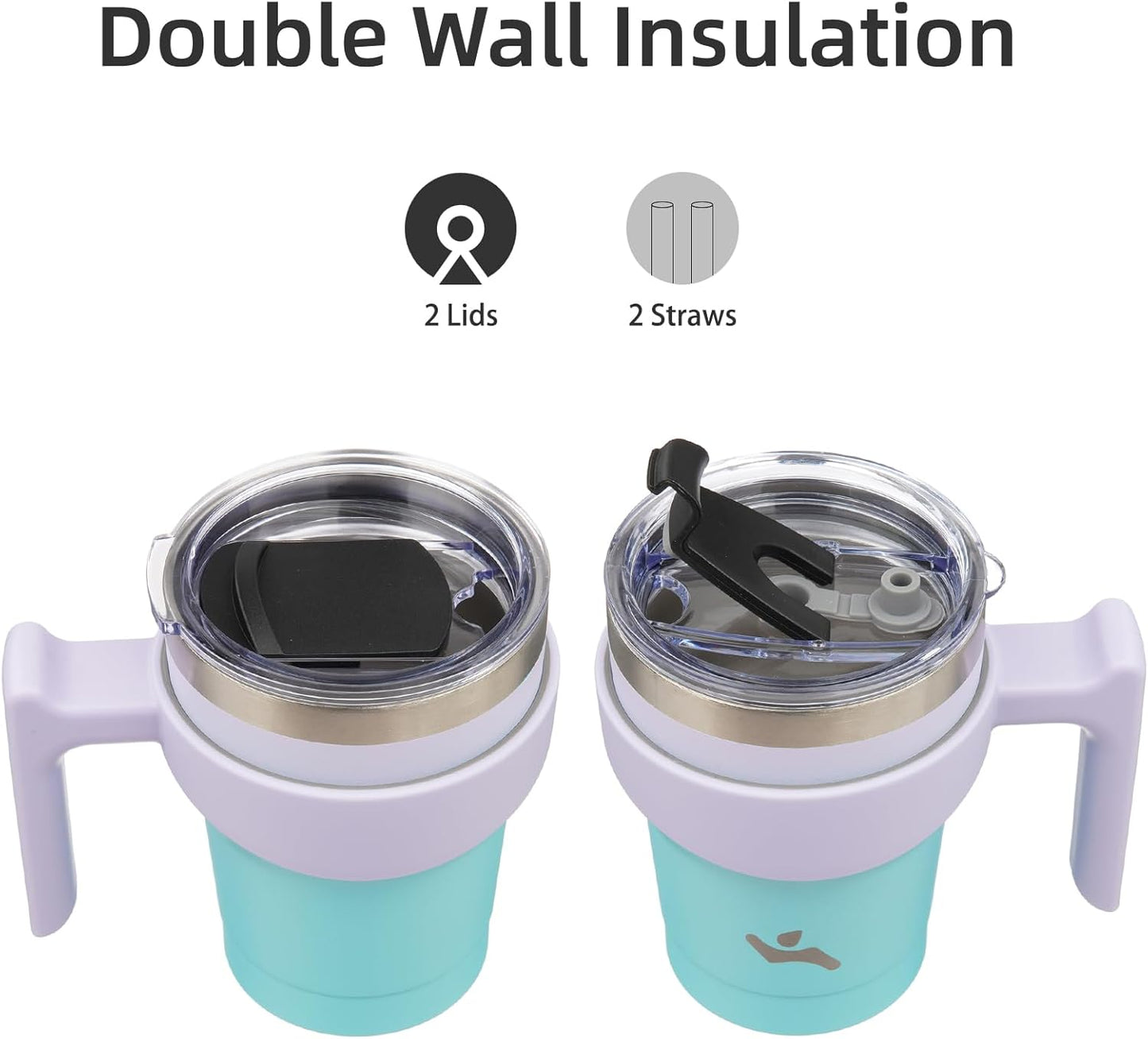 Konokyo 20 oz Tumbler with Handle and 2 Straw 2 Lid, Insulated Water Bottle Stainless Steel Vacuum Cup Reusable Travel Mug,Black