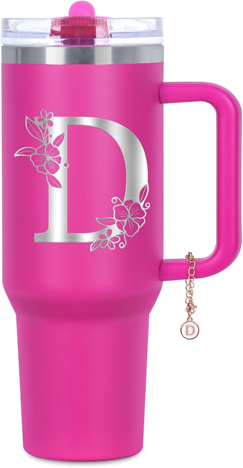 Personalized 40 oz Monogrammed Tumbler with Handle and Flip Straw Lid, 100% Leak Proof stainless steel Insulated Tumbler, Customized Initial Funny Gifts for Women Mom Sisters Coworker, A