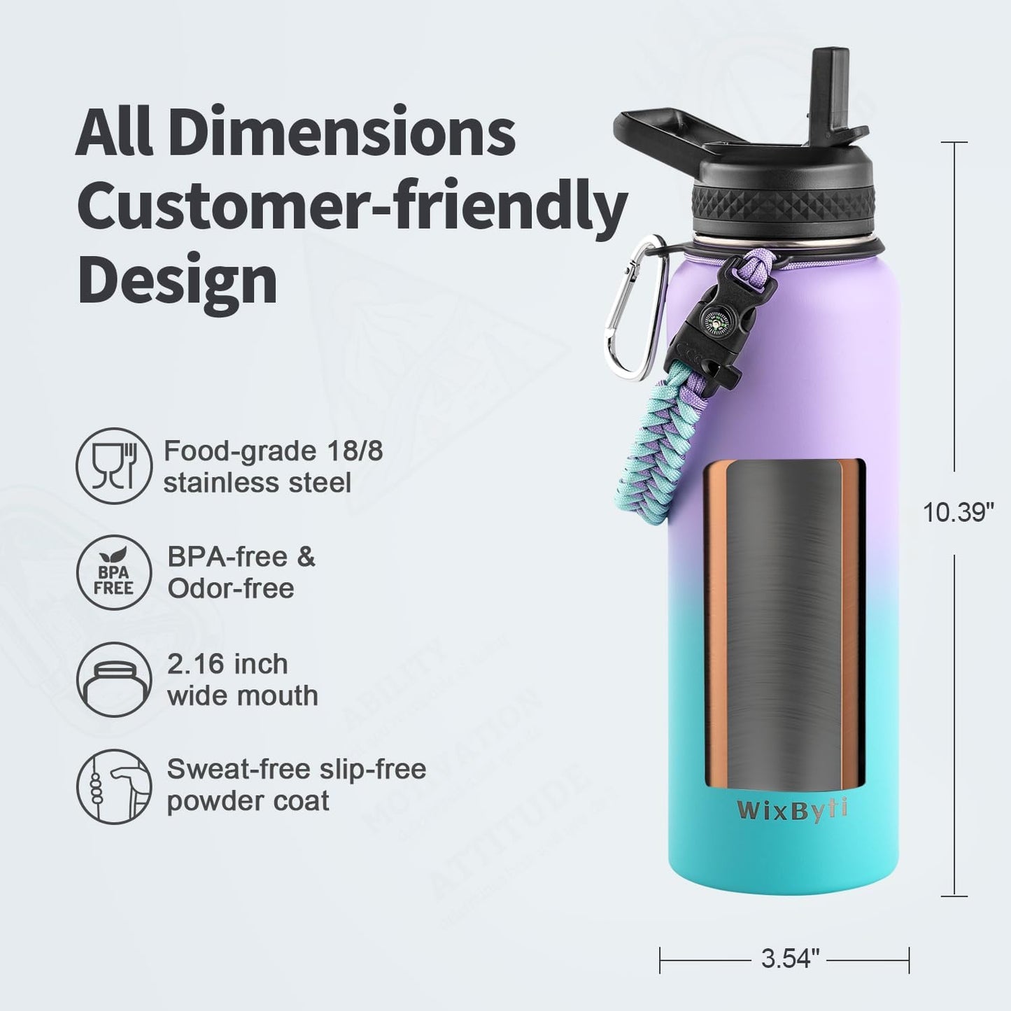 WixByti 40 oz Insulated Water Bottle with Straw (Cold for 36 Hrs), Stainless Steel Triple Wall Vacuum Sports Water Jug, Leakproof Hydro Cup Flask with Paracord Handle & Straw Spout Lids & DIY Stickers